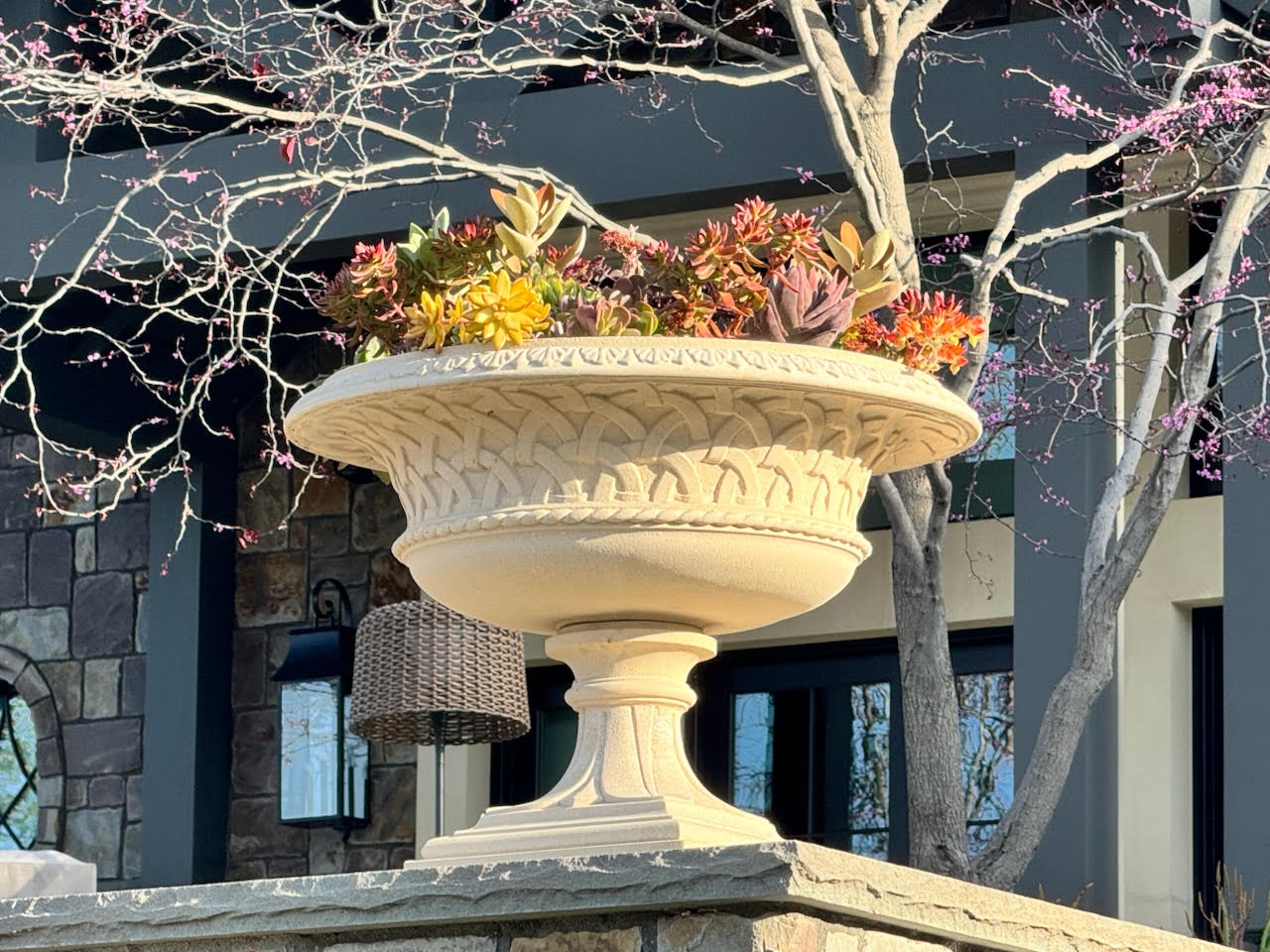 Carved basketweave cast stone urn on a pillar planted with succulents
